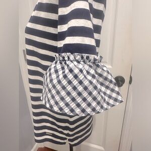 NWT Jones New York top; size M; white navy blue stripes & gingham ruffle sleeves